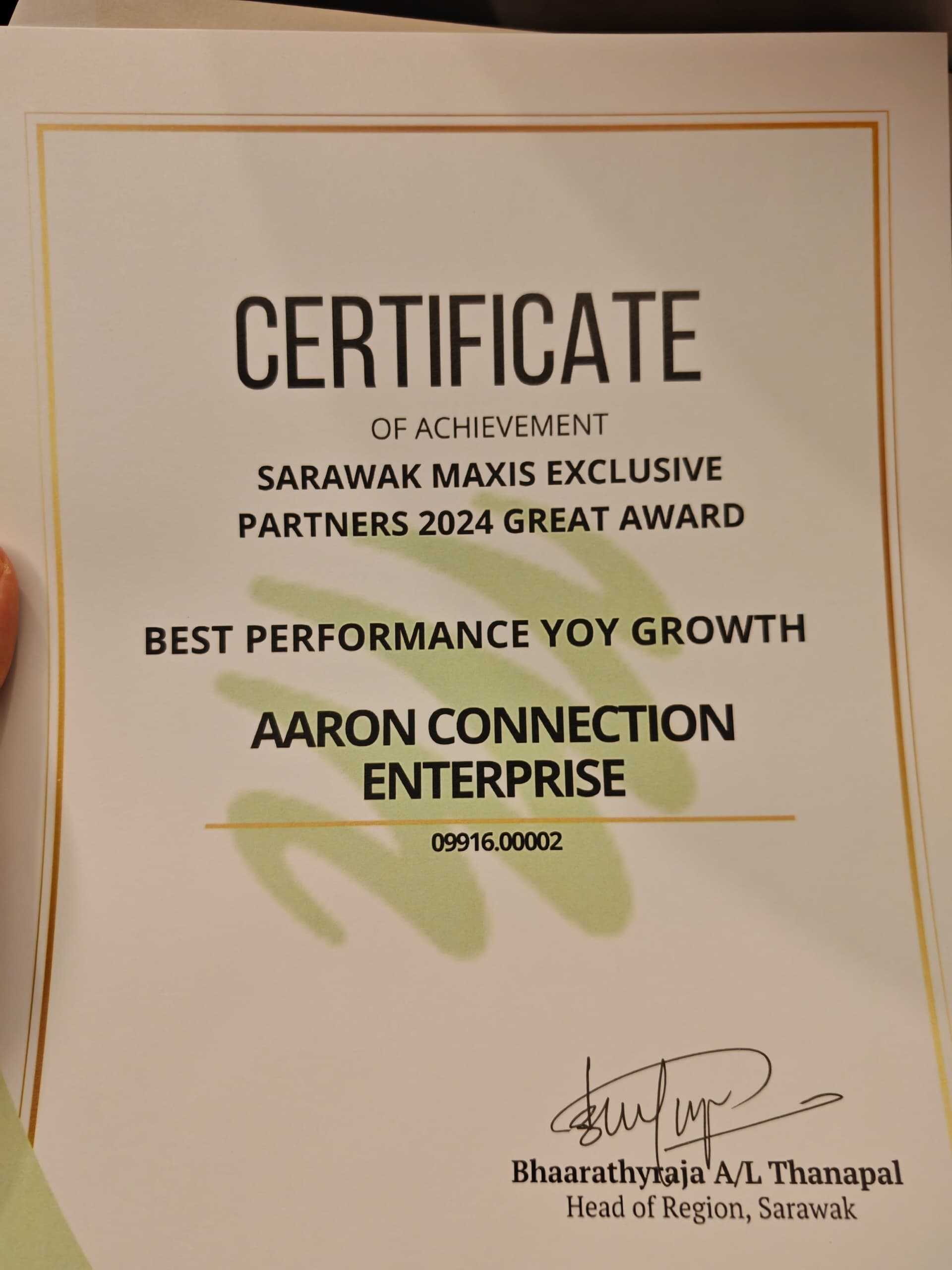Aaron Connection Enterprise Best Performance YOY Growth Sarawak Maxis Exclusive Partners 2024 Great Award