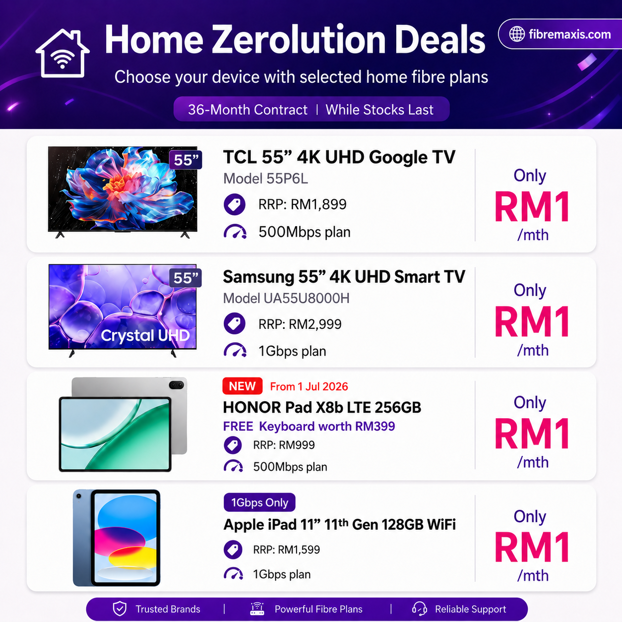 Home Zerolution device deals — 55 inch TV and Honor Pad at RM1 per month