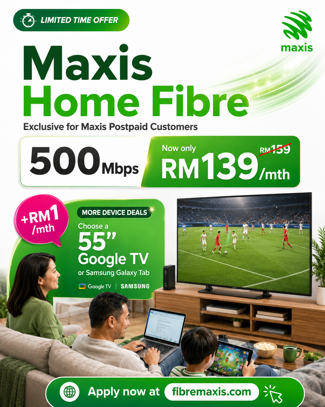 Maxis Home Fibre 500Mbps RM139 promo — postpaid Converge deal