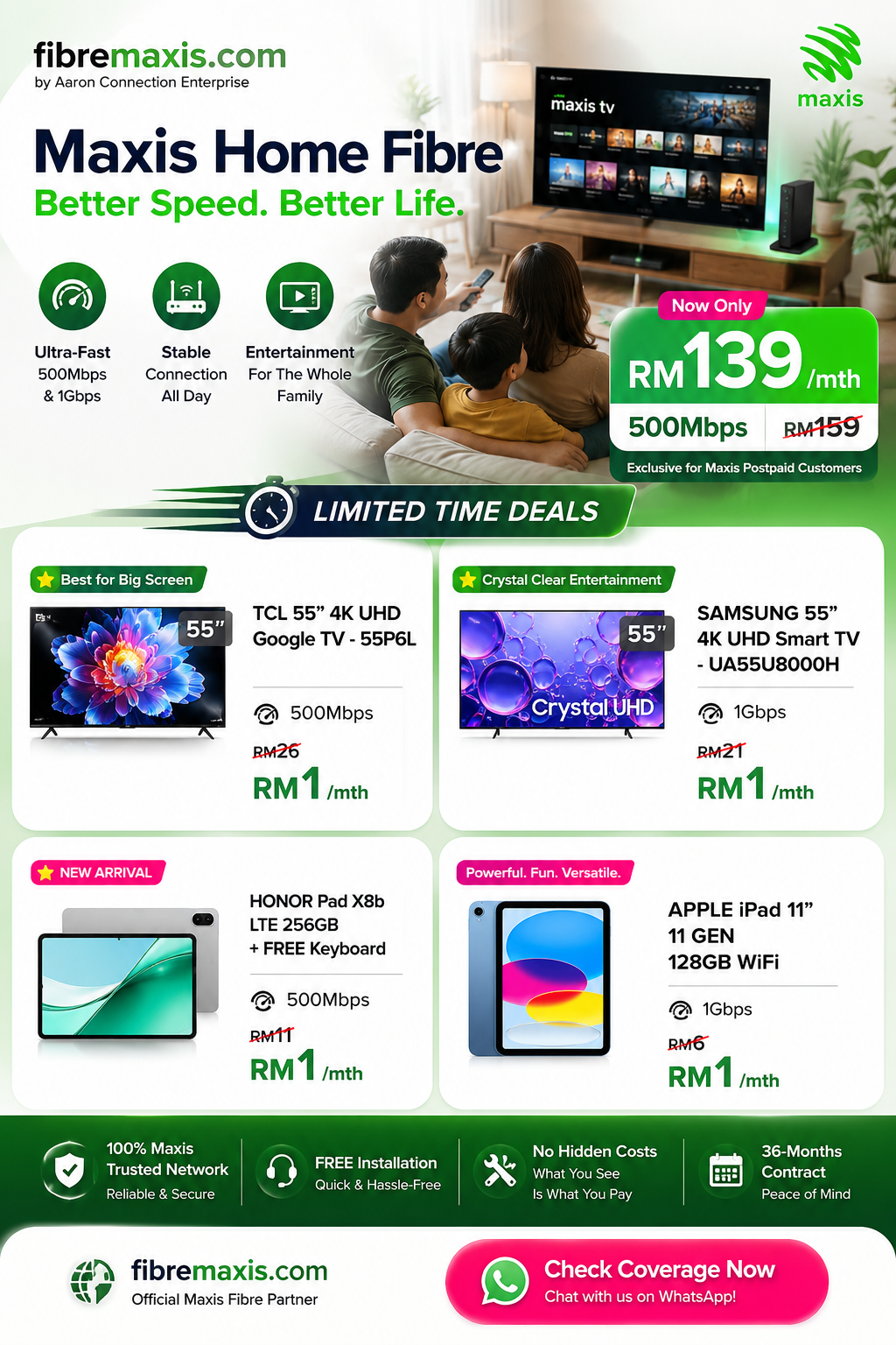 Maxis Home Fibre 500Mbps RM139 with free 55 inch TV and Honor Pad at RM1 per month